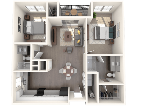 Floor plan for 2 beds, 2 baths, 1069 sqft